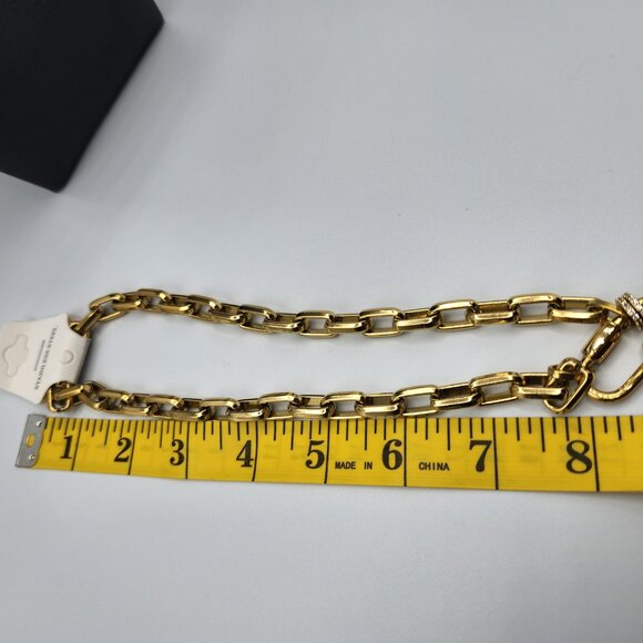 Gold plated stainless  paper clip chain with carabiner zirconia charms NWOT - Picture 5 of 7